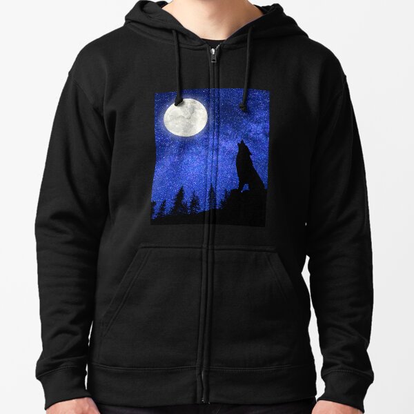 Wolf Howl Mountain Moonlit Night Sky Zipped Hoodie
