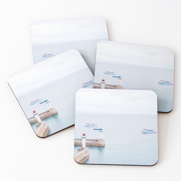 Item preview, Brittany, France⎪Port lighthouses and boats on a calm sea in a minimalist landscape in neutral pastel colors designed and sold by Julie Travel Photography.