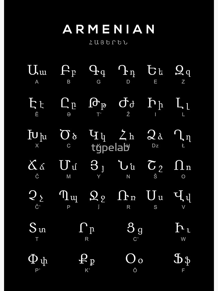 Armenian Alphabet Chart, Armenia Language Chart, Black | Art Board Print