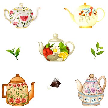 Artwork thumbnail, Flower Teapots and Green Tea Leaves by silviaol