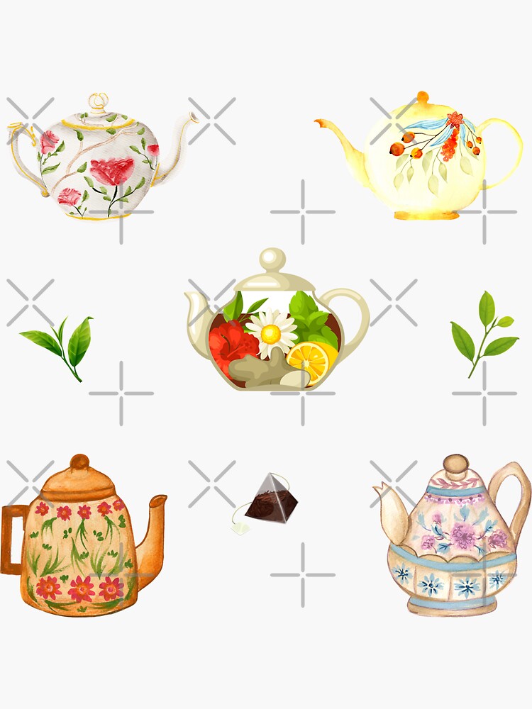 Thumbnail 3 of 3, Sticker, Flower Teapots and Green Tea Leaves designed and sold by silviaol.
