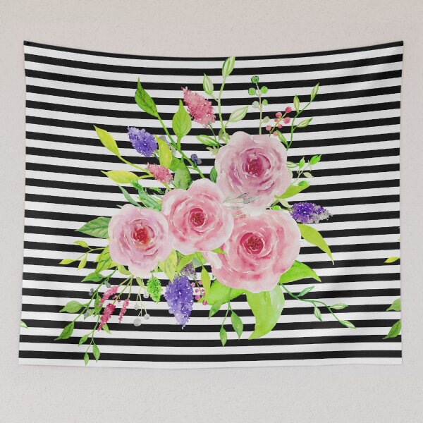 Item preview, Pattern Mix Watercolor Flowers Bouquet Stripes Black White designed and sold by EDDArt.