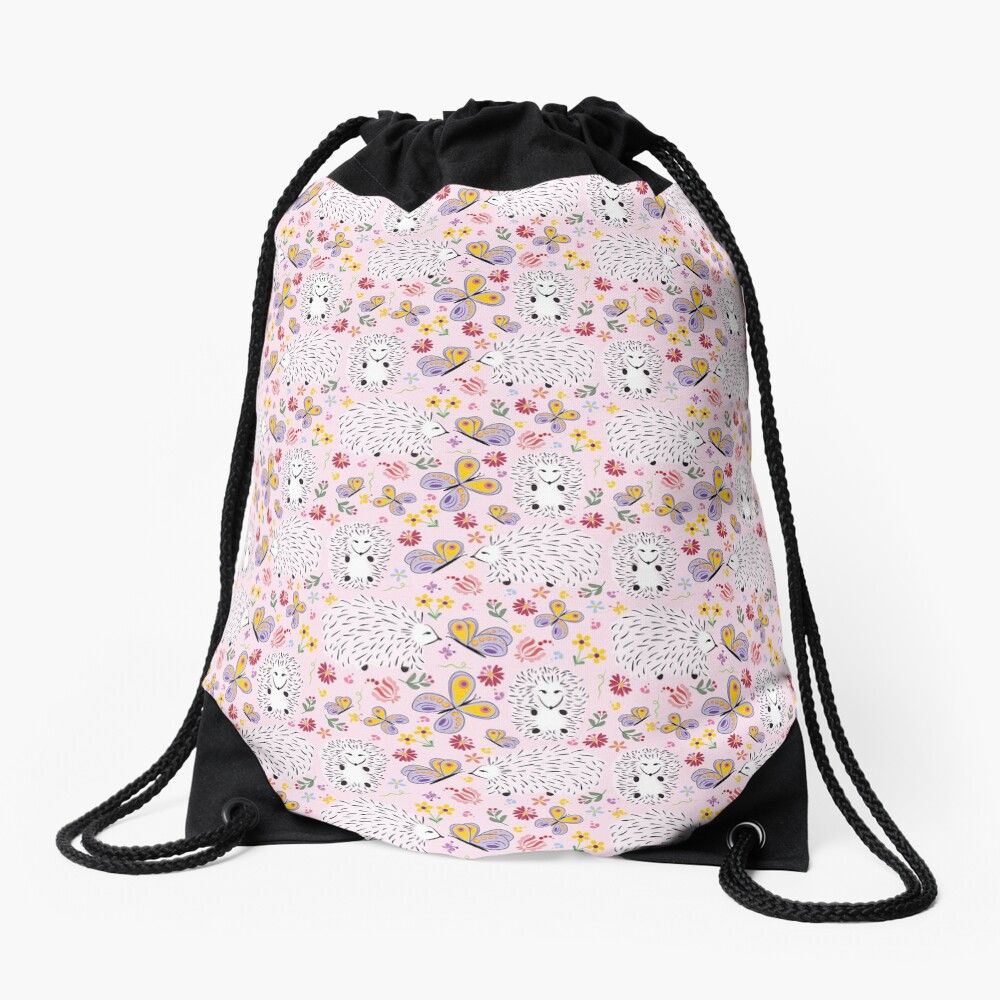 Hedgehogs and Butterflies Drawstring Bag