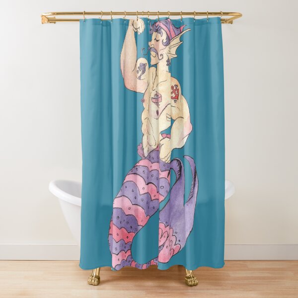 MerMay Sailor Merman with Tattoos Watercolor Shower Curtain