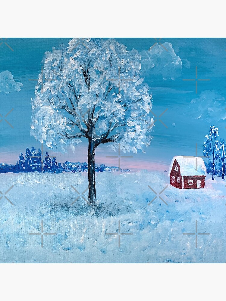 nature landscape farm red barn snowy trees winter snow scene  Art Board  Print for Sale by lfang77