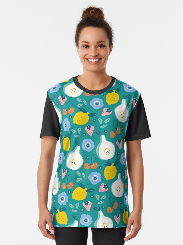 Alternate view of Summer Fruits - Teal Graphic T-Shirt