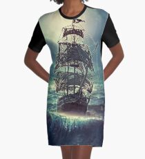 Ghost Pirate Ship at Night Graphic T-Shirt Dress