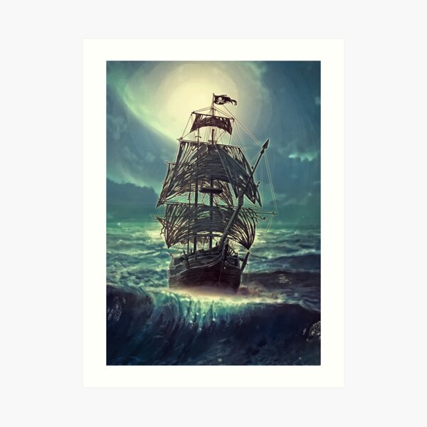 Ghost Pirate Ship at Night Art Print