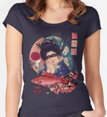 Collage Geisha Samurai in Coral, Indigo and Marsala Women's Fitted Scoop T-Shirt