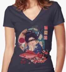 Collage Geisha Samurai in Coral, Indigo and Marsala Women's Fitted V-Neck T-Shirt