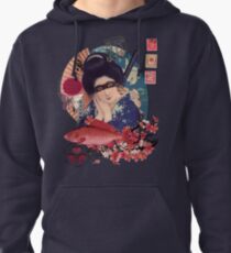 Collage Geisha Samurai in Coral, Indigo and Marsala Pullover Hoodie