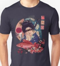 Collage Geisha Samurai in Coral, Indigo and Marsala Unisex T-Shirt