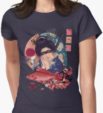 Collage Geisha Samurai in Koralle, Indigo und Marsala Tailliertes T-Shirt für Frauen