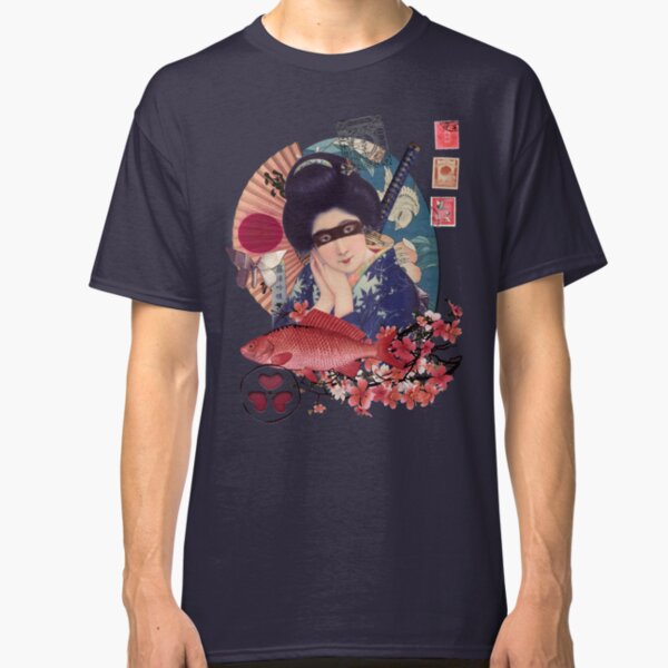 Collage Geisha Samurai in Coral, Indigo and Marsala Classic T-Shirt