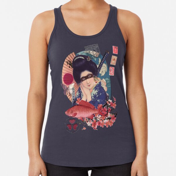 Collage Geisha Samurai in Coral, Indigo and Marsala Racerback Tank Top