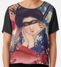Collage Geisha Samurai in Coral, Indigo and Marsala Chiffon Top