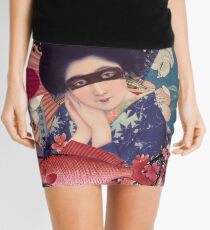 Collage Geisha Samurai in Coral, Indigo and Marsala Mini Skirt