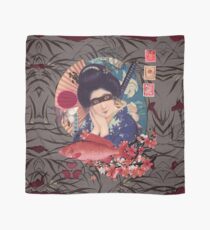 Collage Geisha Samurai in Coral, Indigo and Marsala Scarf