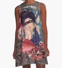 Collage Geisha Samurai in Coral, Indigo and Marsala A-Line Dress