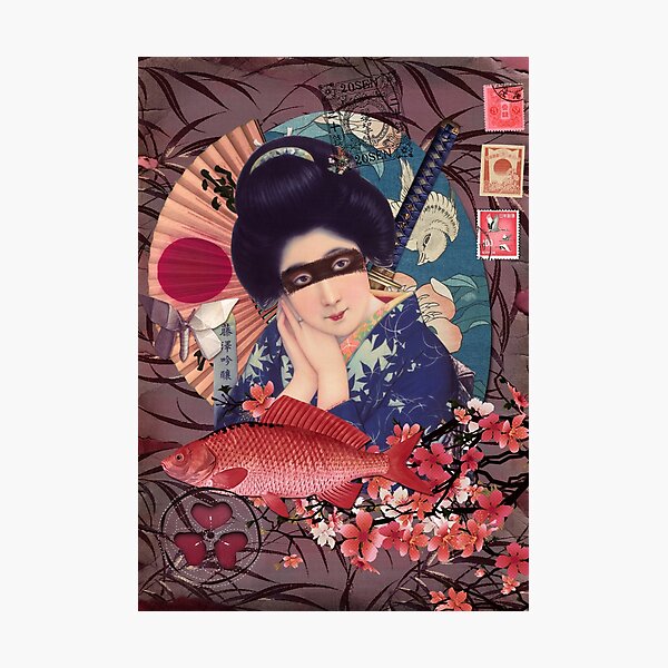 Collage Geisha Samurai in Coral, Indigo and Marsala Photographic Print