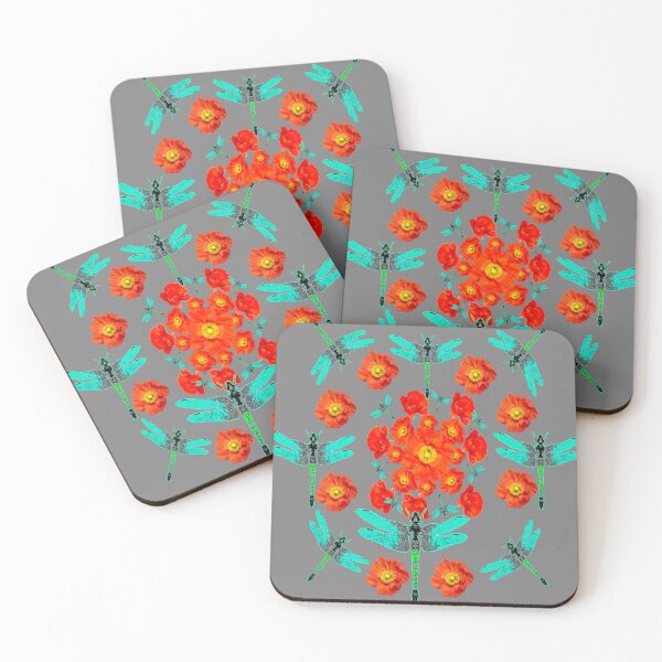 Item preview,   ORANGE POPPY FLOWERS GARDEN LARGE BLUE DRAGONFLIES ART designed and sold by sharlesart.