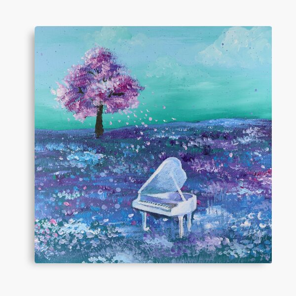 Aperçu de l'œuvre nature paysage de rêve violet champ de fleurs sauvages fleur de cerisier piano blanc créée et vendue par LEILA ART SPACE.