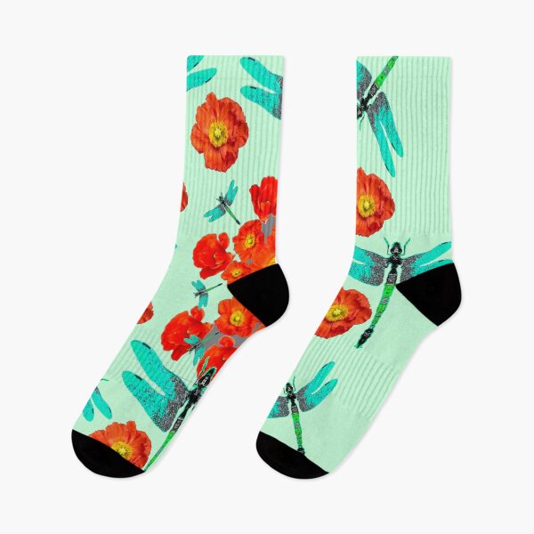 Item preview,  ORANGE POPPY FLOWERS GARDEN LARGE BLUE DRAGONFLIES AQUA  ART designed and sold by sharlesart.