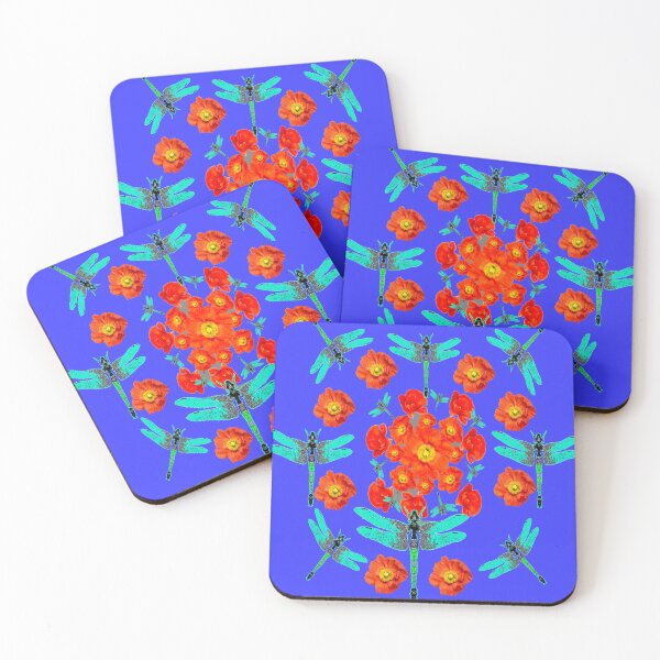 Item preview, ORANGE POPPY FLOWERS GARDEN LARGE BLUE DRAGONFLIES ART designed and sold by sharlesart.