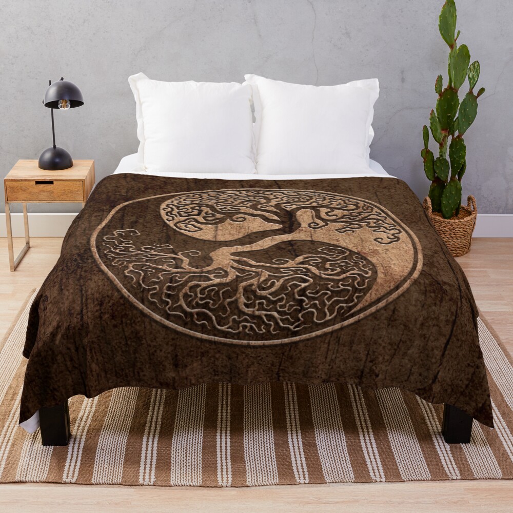 Rough Wood Grain Effect Tree of Life Yin Yang Throw Blanket