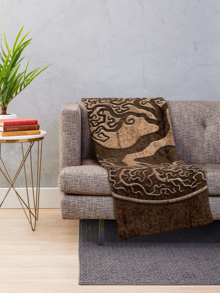 Alternate view of Rough Wood Grain Effect Tree of Life Yin Yang Throw Blanket