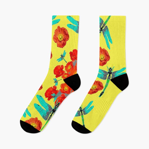 Item preview, ORANGE POPPY FLOWERS YELLOW  ART BLUE DRAGONFLIES designed and sold by sharlesart.