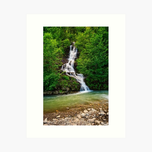 waterfall comes out of a hillside in forest Art Print