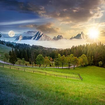 Artwork thumbnail, day and night above rocky peaks behind the forest and meadow by mike-pellinni