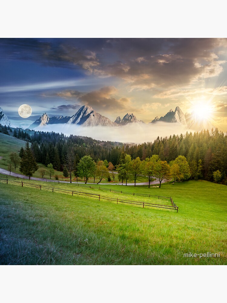 Thumbnail 3 of 3, Sticker, day and night above rocky peaks behind the forest and meadow designed and sold by mike-pellinni.