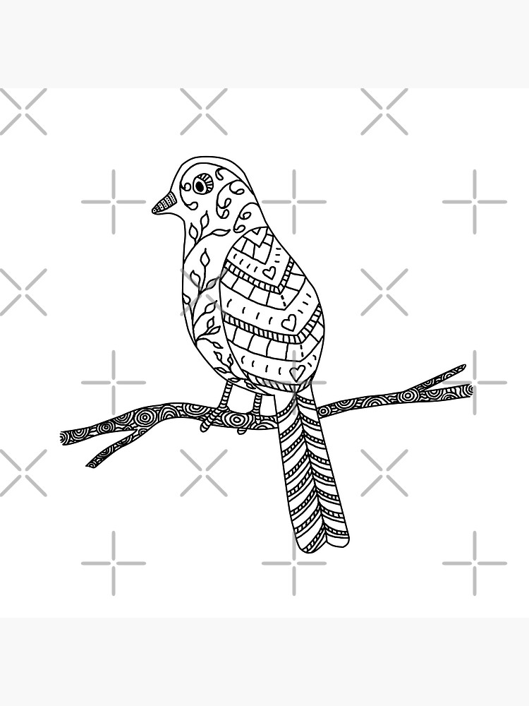 Oiseau noir et blanc sur un dessin de Doodle de branche Impression rigide