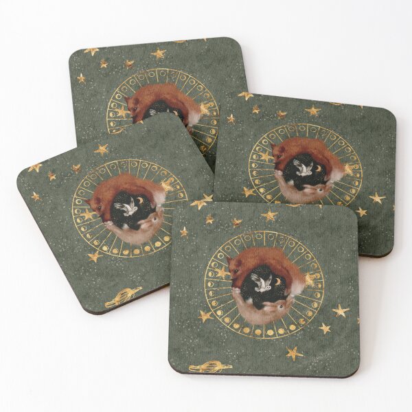 Item preview, Circle of Life Watercolor : Gold Foils Stars in a Goblincore green sky with a Gemini constellation A rabbit and a fox circle around a barn owl designed and sold by Monica Laipple.