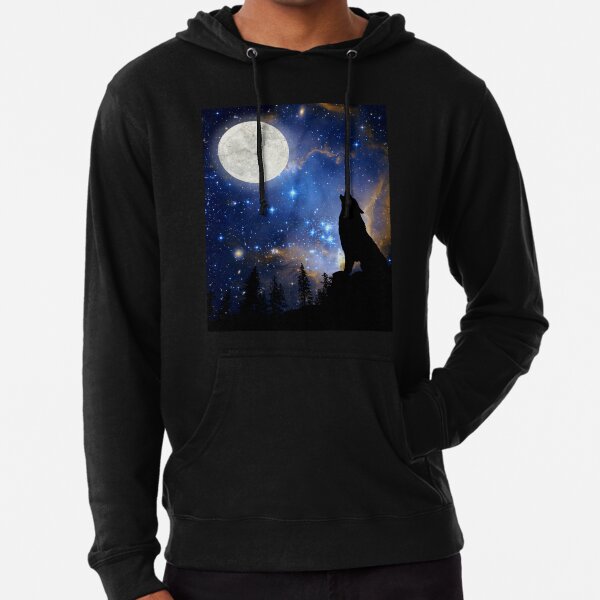 Moonlit Nebula Sky Wolf Howl  Lightweight Hoodie