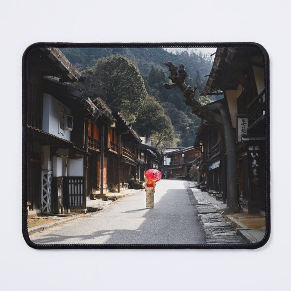 Item preview, Woman under red umbrella walking along the street in rural Japan designed and sold by Raureif.