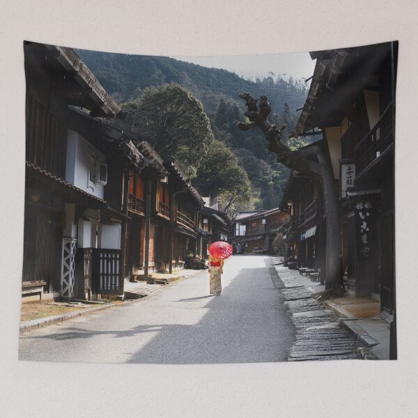 Item preview, Woman under red umbrella walking along the street in rural Japan designed and sold by Raureif.
