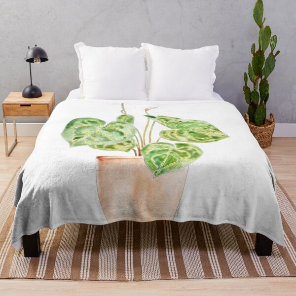Item preview, hand painted green indoor plant in pot philodendron gloriosum watercolor and ink 1 designed and sold by ColorandColor.