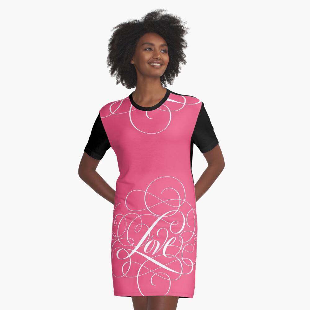 Ornately Flourished 'Love' Calligraphy Script Hand Lettering for Valentine Pink Graphic T-Shirt Dress