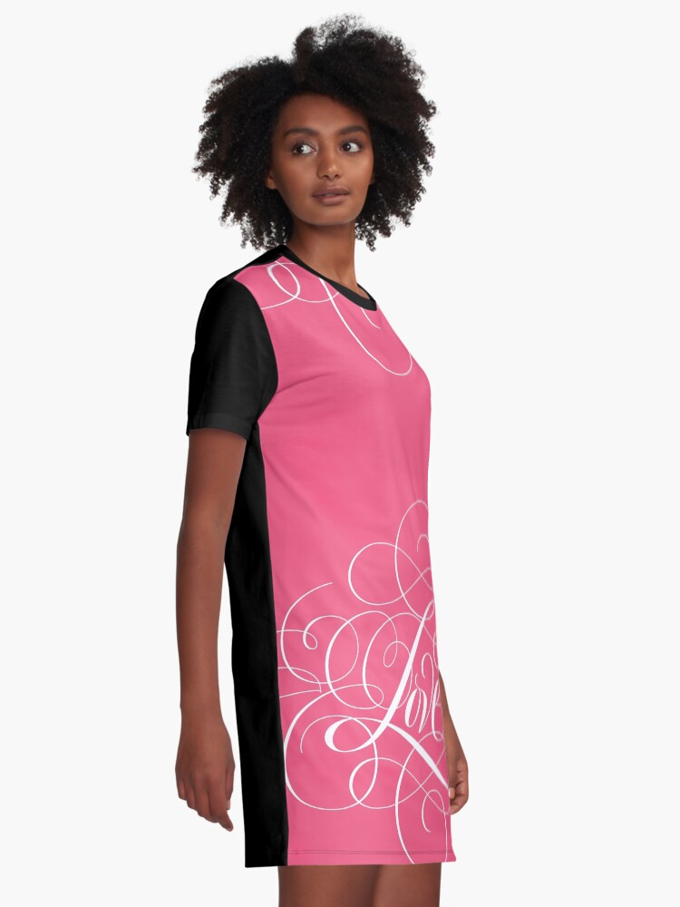 Alternate view of Ornately Flourished 'Love' Calligraphy Script Hand Lettering for Valentine Pink Graphic T-Shirt Dress