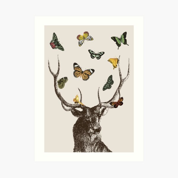The Stag and Butterflies | Deer and Butterflies | Vintage Stag | Antlers | Woodland | Highland | Art Print