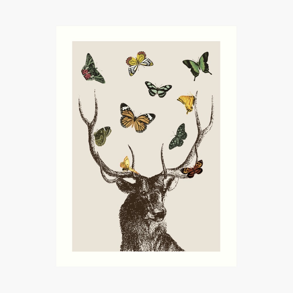 The Stag and Butterflies | Deer and Butterflies | Vintage Stag | Antlers | Woodland | Highland | Art Print