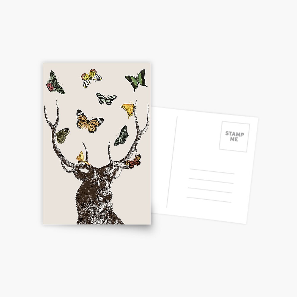 The Stag and Butterflies | Deer and Butterflies | Vintage Stag | Antlers | Woodland | Highland | Postcard