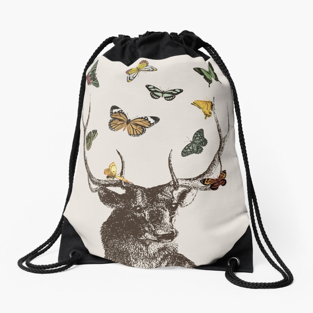 The Stag and Butterflies | Deer and Butterflies | Vintage Stag | Antlers | Woodland | Highland | Drawstring Bag