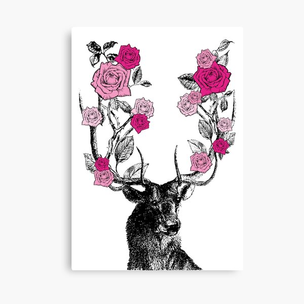 The Stag and Roses | Deer and Roses | Stag and Flowers | Deer and Flowers | Vintage Stag | Antlers | Woodland | Highland | Pink | Canvas Print
