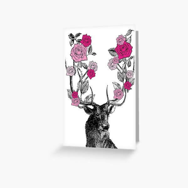 The Stag and Roses | Deer and Roses | Stag and Flowers | Deer and Flowers | Vintage Stag | Antlers | Woodland | Highland | Pink | Greeting Card