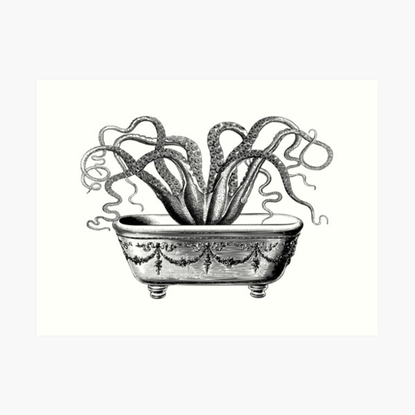 Tentacles in the Tub | Octopus in Bathtub | Vintage Octopus | Black and White | Art Print