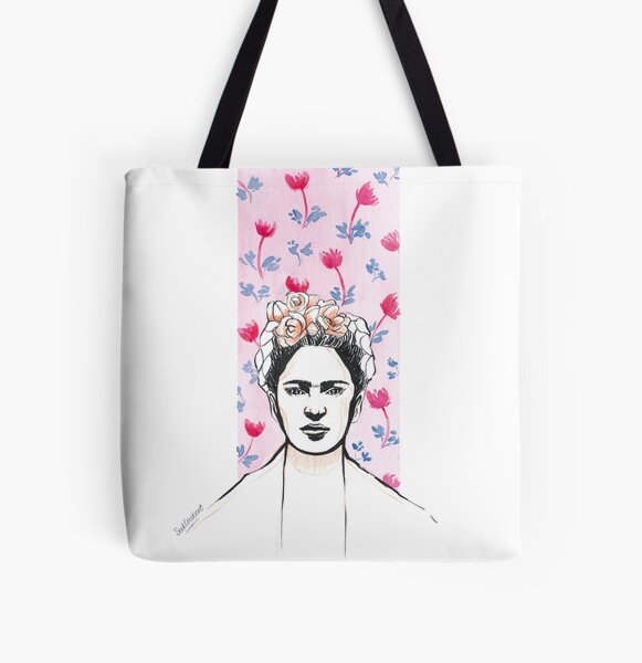 Floral Frida aquarelle portrait rose et bleu Tote bag doublé